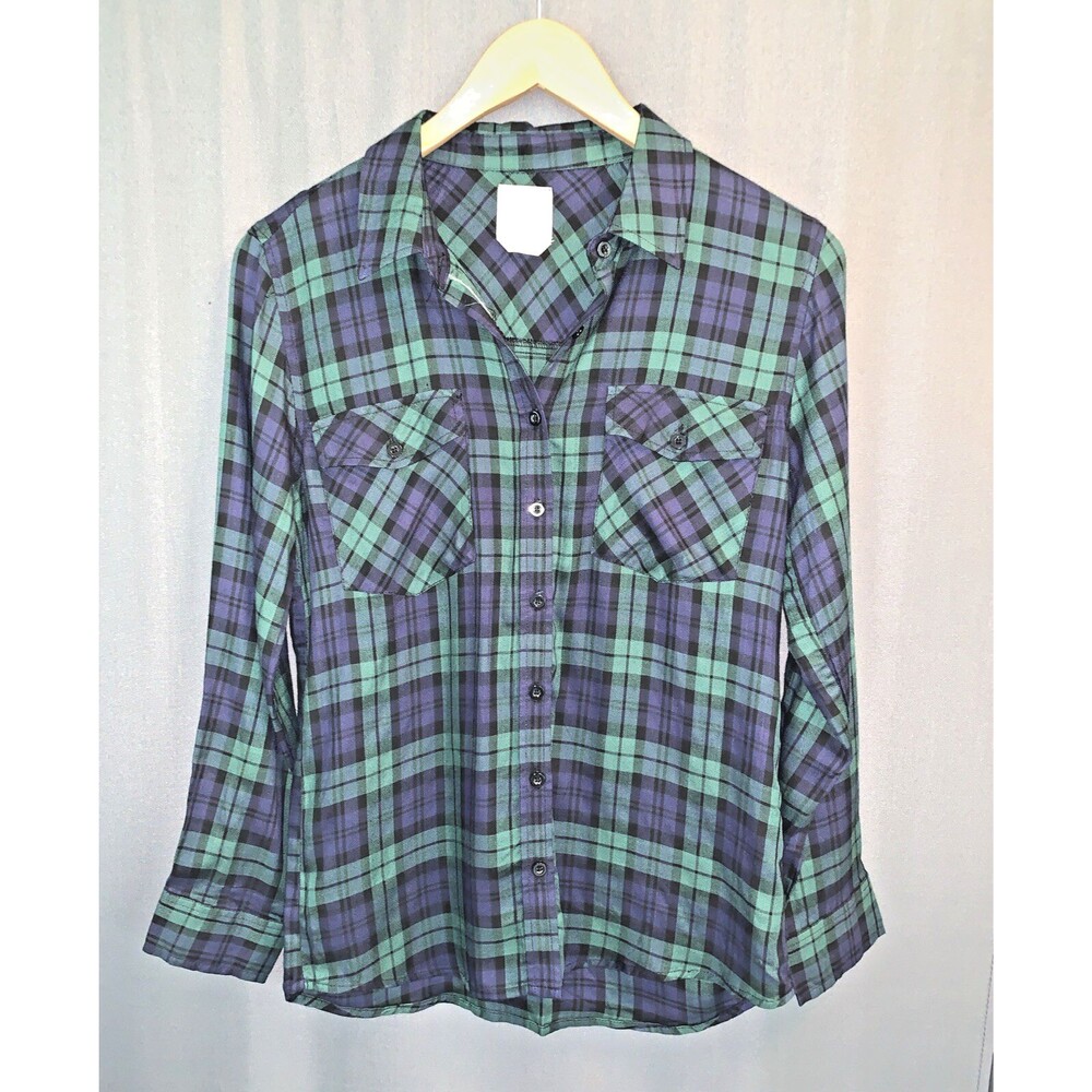 Tartan Plaid Button Up Long Sleeve Shirt Small Green Navy Blue Preppy Americana
